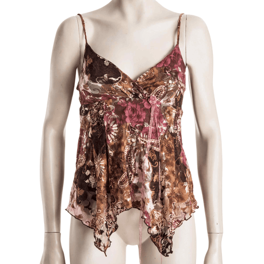 Floral printed lace spaghetti strap top with fairy hem - M