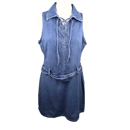 Sleeveless lace up tie string denim dress - L