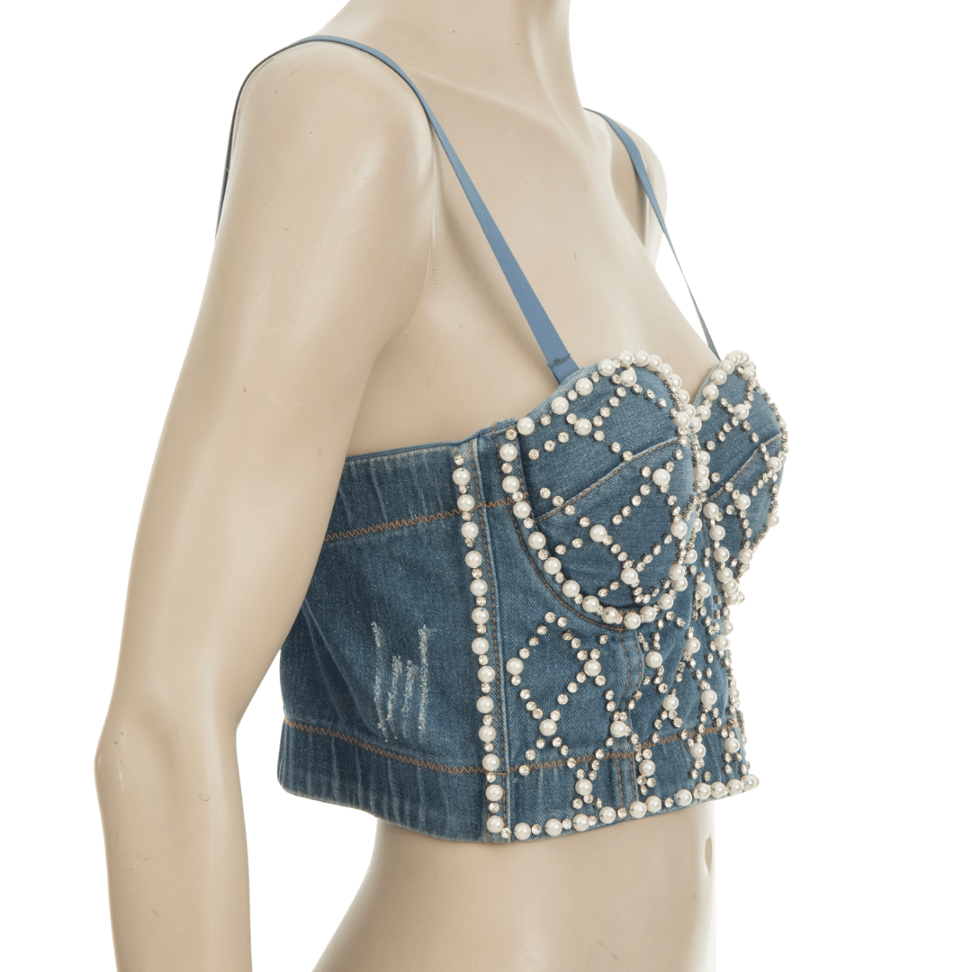 Pearl and diamante embellished denim bustier festival party top - M