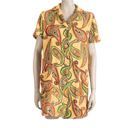 70s terrycloth button down dress in paisley pattern - L