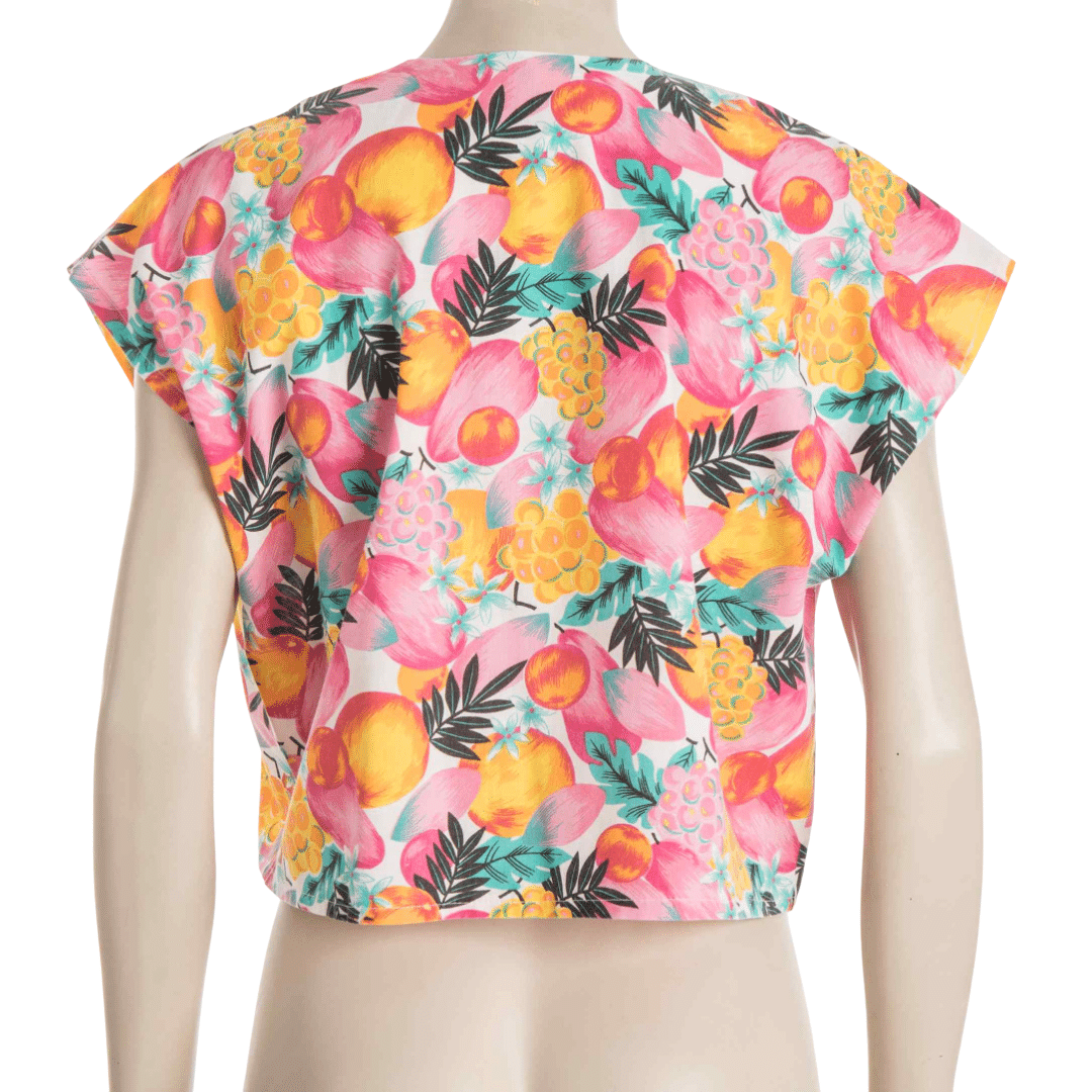 Colourful fruit print button down cropped top - S/M