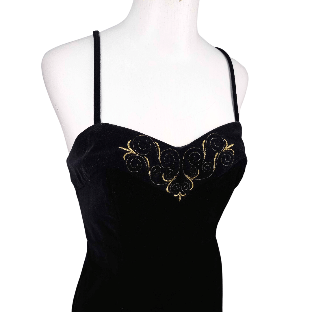 Velvet spaghetti strap evening dress with gold embroidery - S