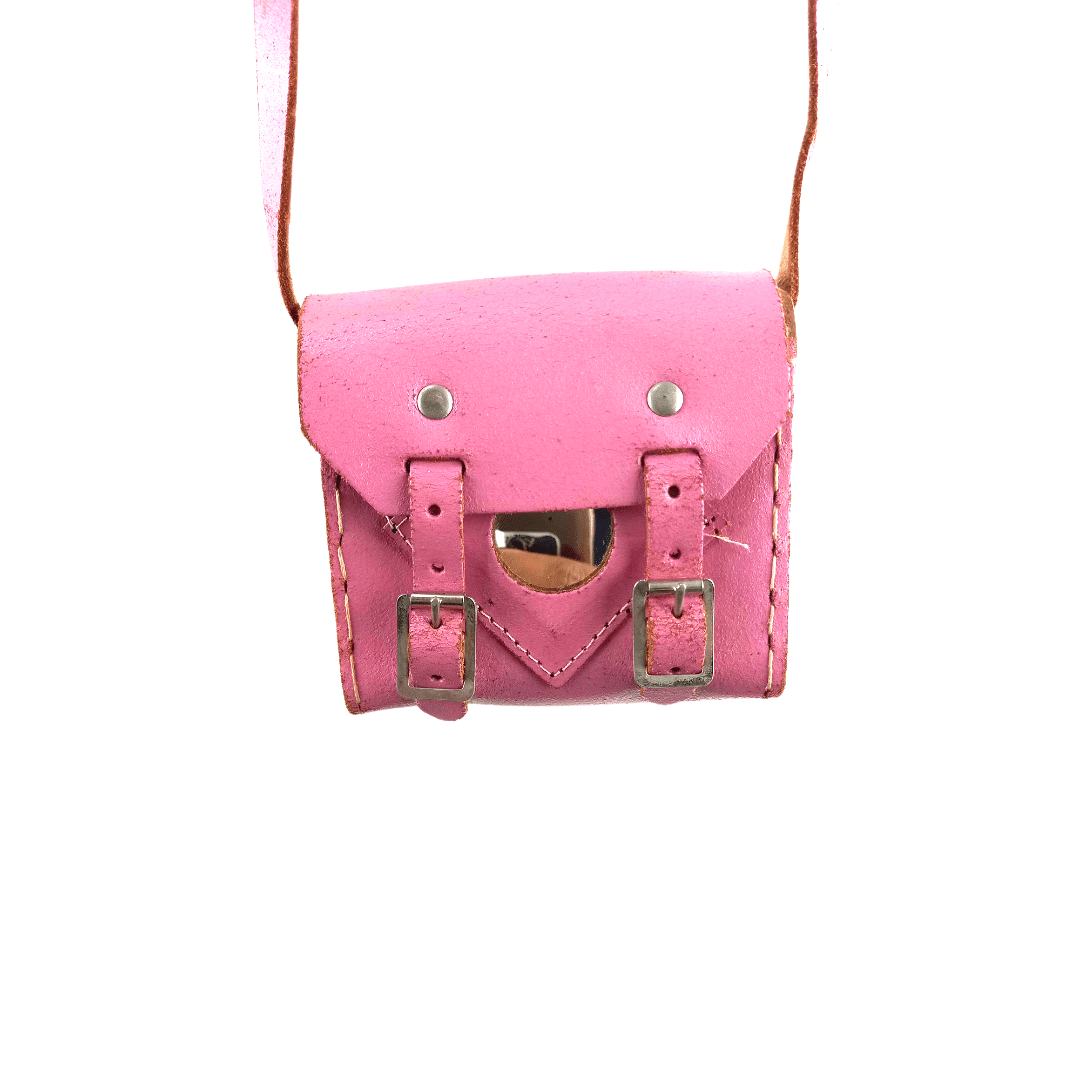 Pink leather neck pouch with mirror