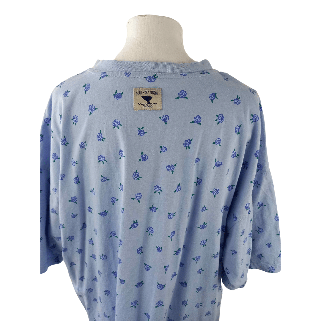 90s blue rose pattern t-shirt- L